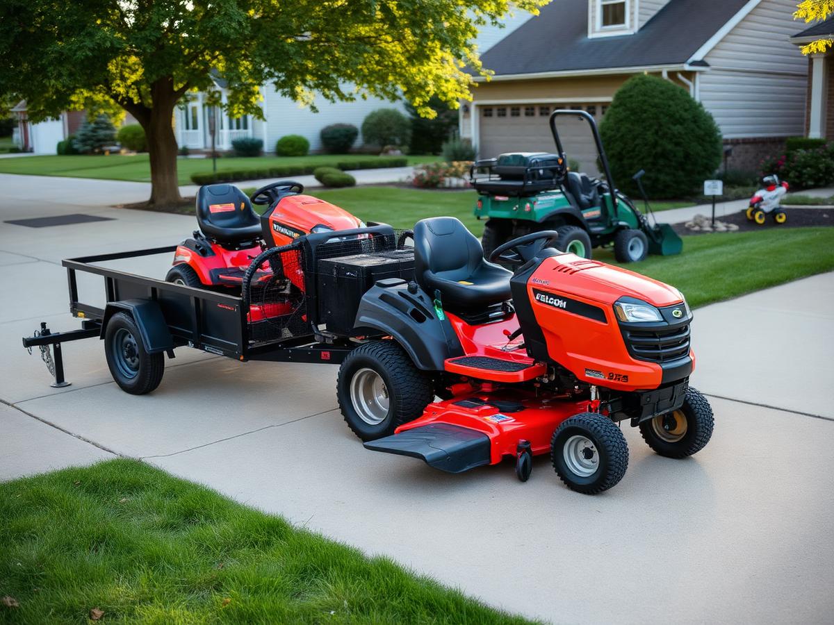 Mowing equipment and trailer staged on a residential driveway