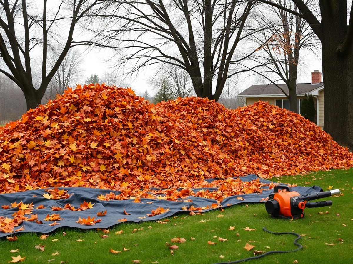 Fall leaf cleanup with raked leaf piles on a Decatur area lawn