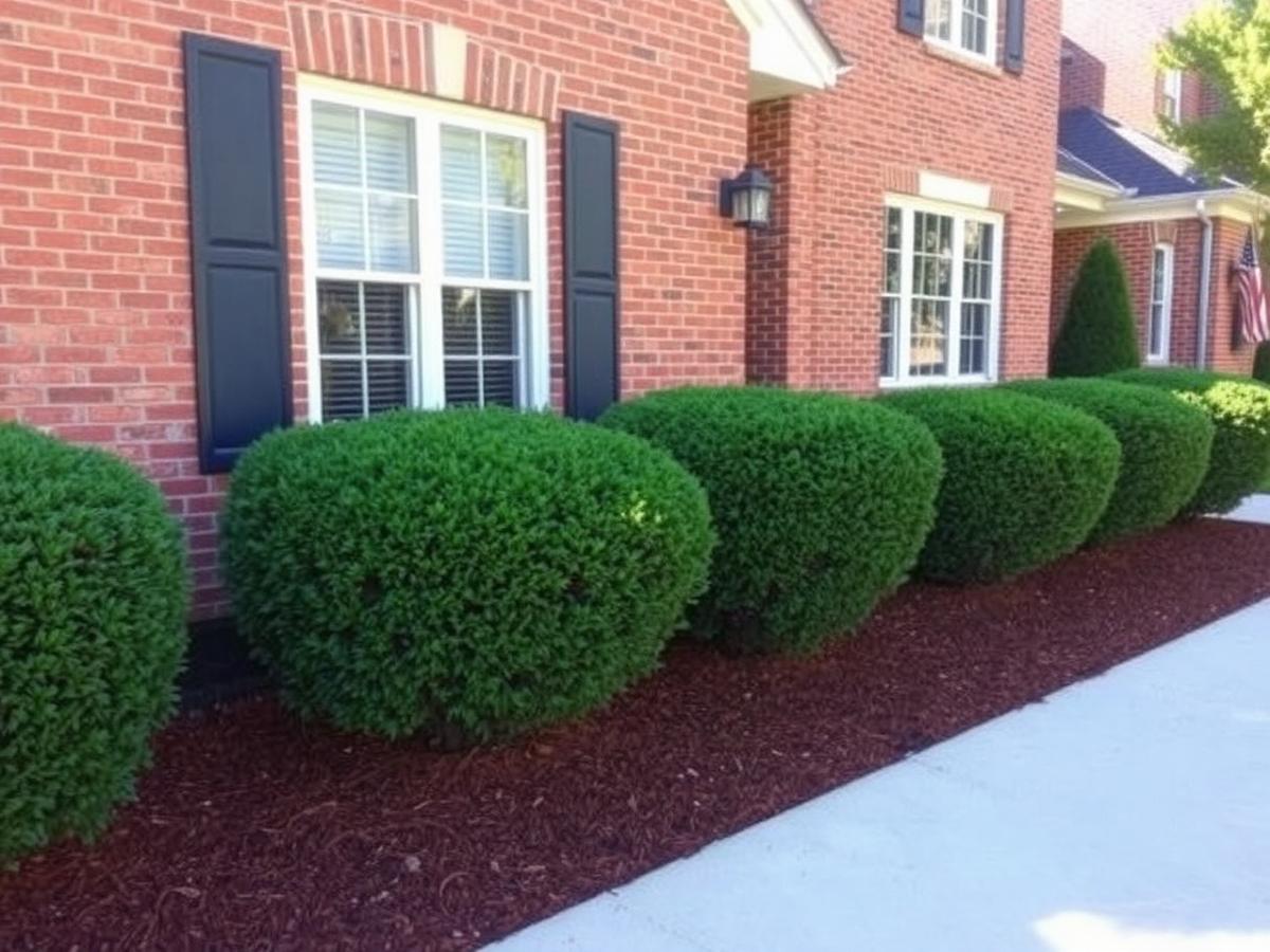 Neatly trimmed hedges along the front of a brick home