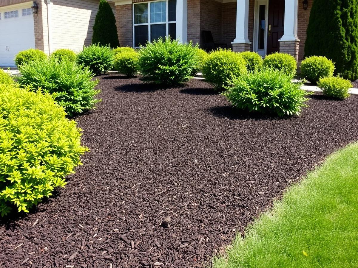 Landscaped bed with fresh mulch and shaped shrubs in front of a home