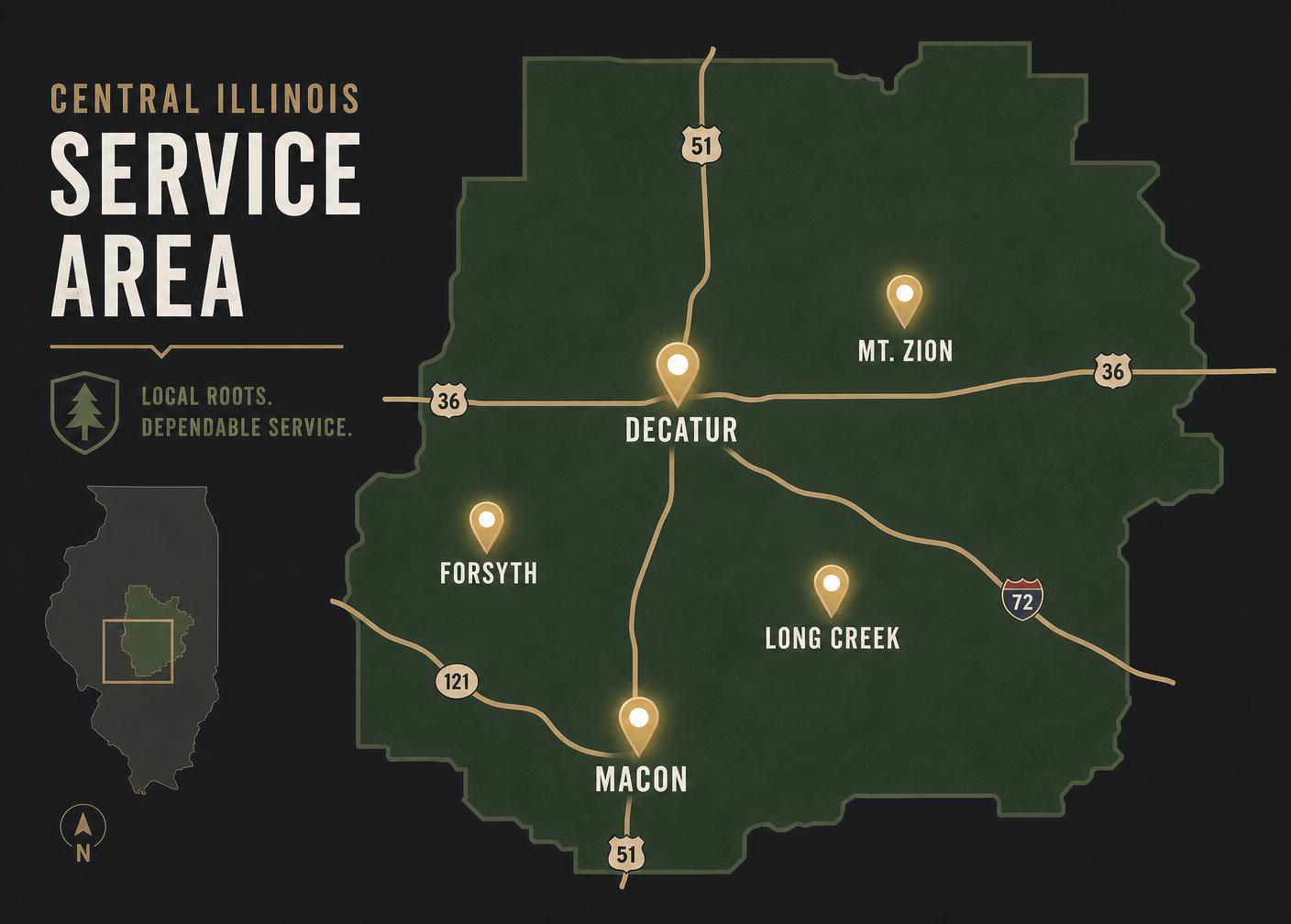 Map of the AJR Lawn Care service area covering Decatur, Mt. Zion, Forsyth, Long Creek and Macon, Illinois